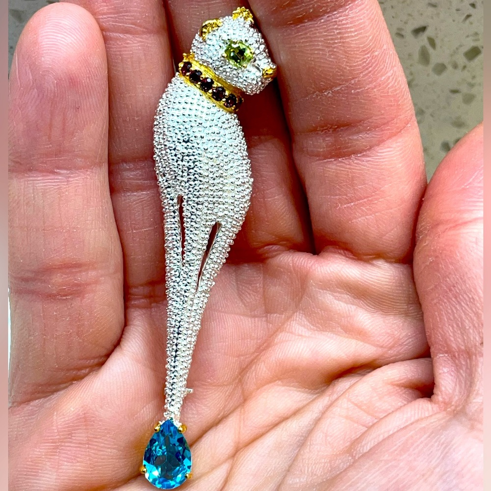 Brooch Silver with sky blue Topaz, green Amethyst and Mozambique garnet